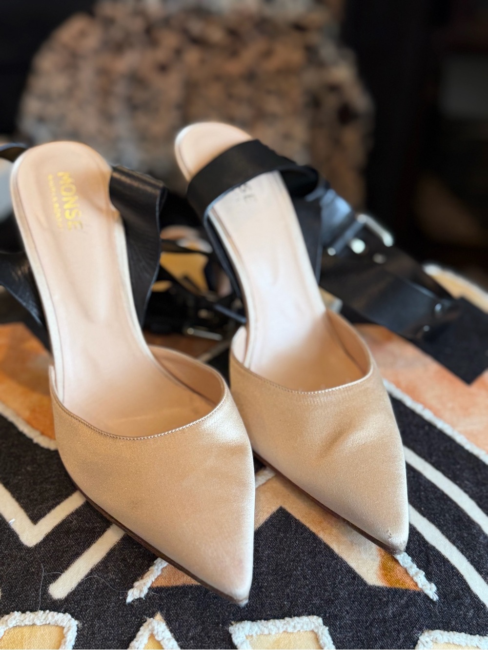 MONSE Champagne Pointed-Toe Satin + Leather Slip-On Heels | Size 41